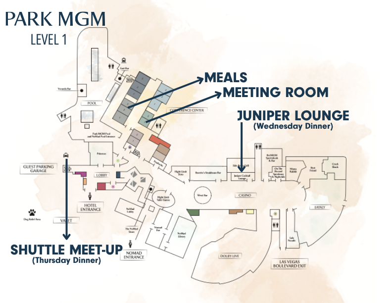 Park MGM Level 1 map showing conference rooms, meals, Juniper Lounge for Wednesday dinner, and shuttle meet-up for Thursday dinner